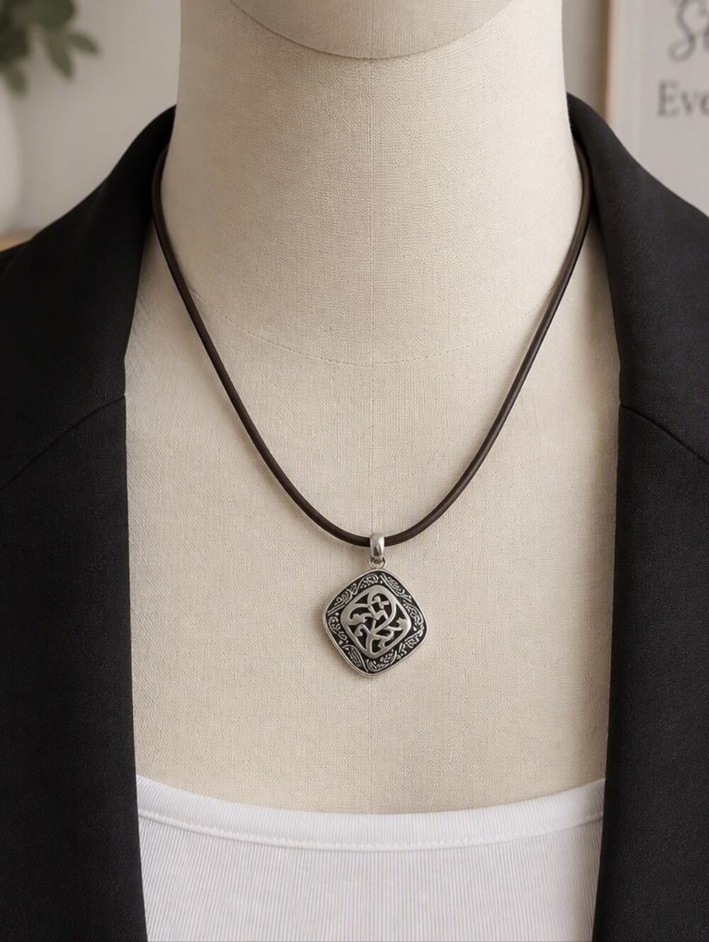 SILPADA Silver-Tone Celtic Knot Pendant Necklace – Leather Cord – Original Box
